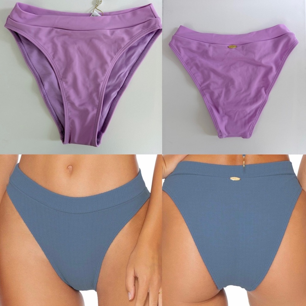 Luli Fama Banded High Waist, High-Cut Cheeky Bikini Bottoms Lavender Small NWT